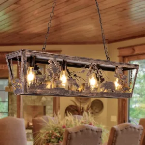 TOCHIC Farmhouse Chandelier for Dining Room, Vintage Western Kitchen Island Lighting Fixture with Bronze Bear Elk Wolf, Rectangle Linear Light Fixture for Living Room, Bedroom, Cabin, Foyer, 38" L