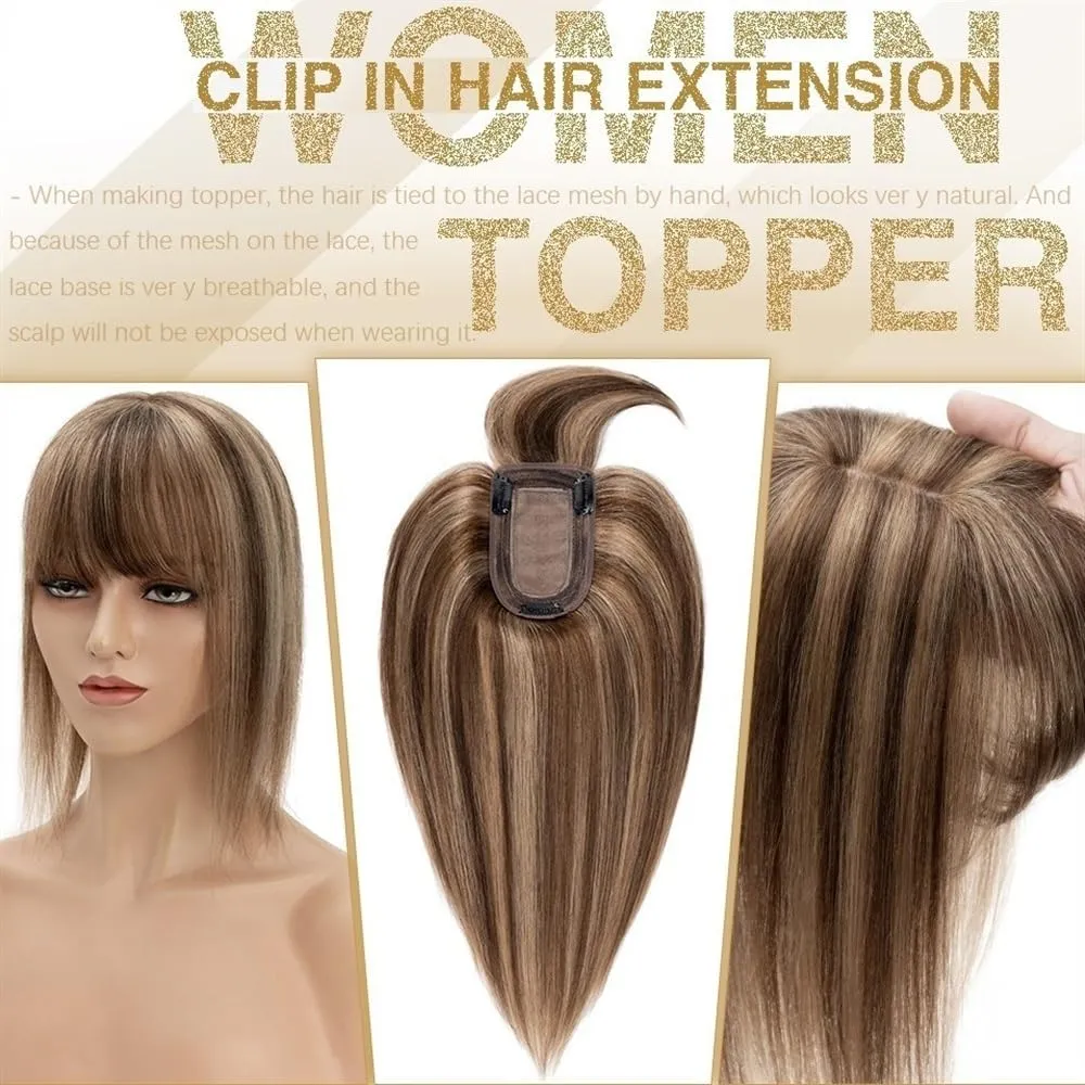 Toppers for Women Hair Toppers for Women 6"-18" Real Human Hair with Bangs, 7x12.5cm Silk Base Clip In Hair Extension 150% Densiny Indian Hair Straight Hair Pieces Hair Toppers(Wine Red,14inches)