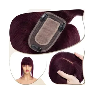 Toppers for Women Hair Toppers for Women 6"-18" Real Human Hair with Bangs, 7x12.5cm Silk Base Clip In Hair Extension 150% Densiny Indian Hair Straight Hair Pieces Hair Toppers(Wine Red,14inches)