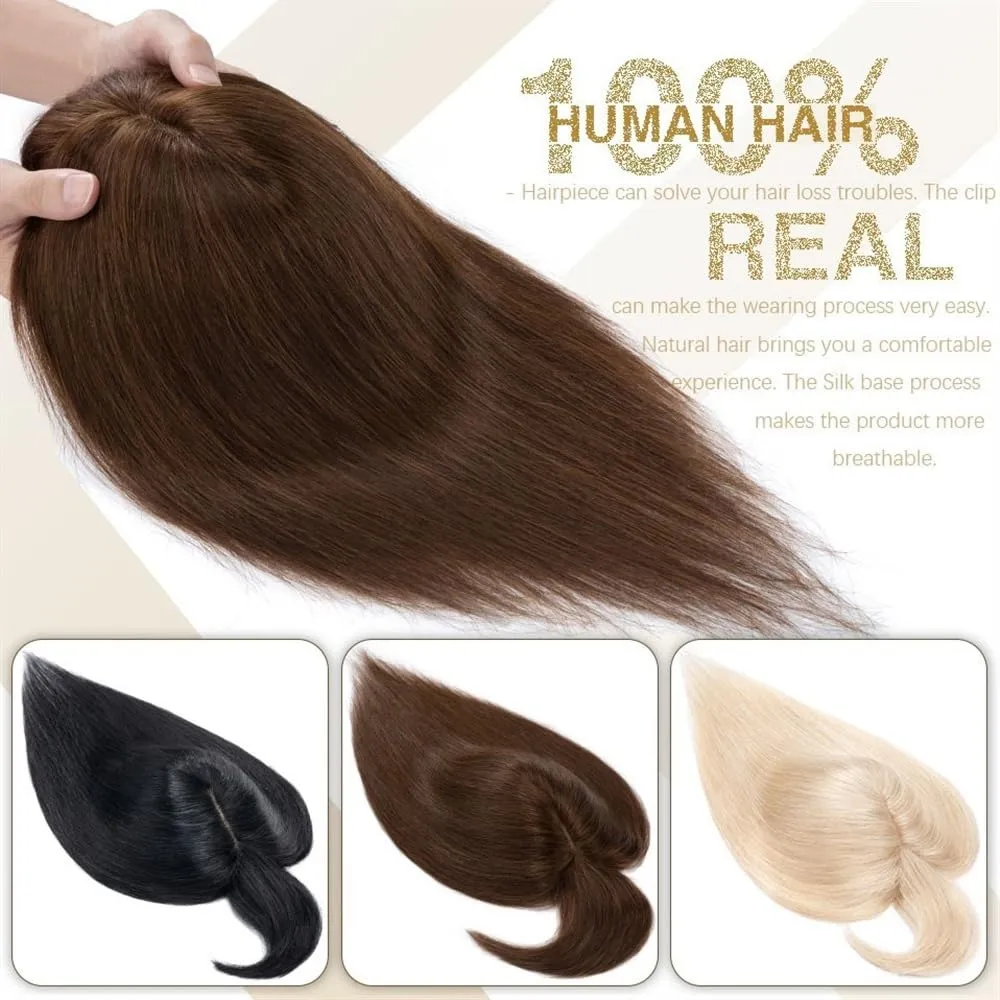 Toppers for Women Hair Toppers for Women 6"-18" Real Human Hair with Bangs, 7x12.5cm Silk Base Clip In Hair Extension 150% Densiny Indian Hair Straight Hair Pieces Hair Toppers(Wine Red,14inches)