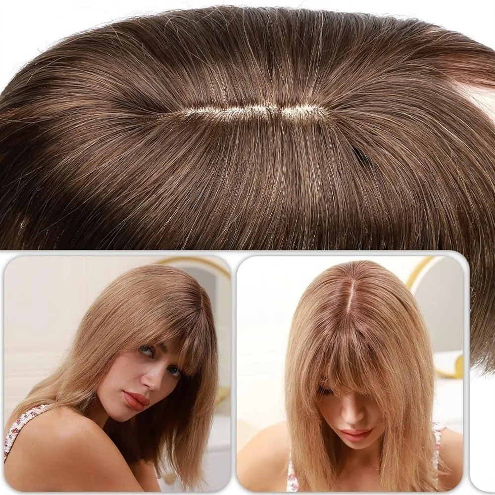 Toppers for Women Hair Toppers for Women 6"-18" Real Human Hair with Bangs, 7x12.5cm Silk Base Clip In Hair Extension 150% Densiny Indian Hair Straight Hair Pieces Hair Toppers(Wine Red,14inches)