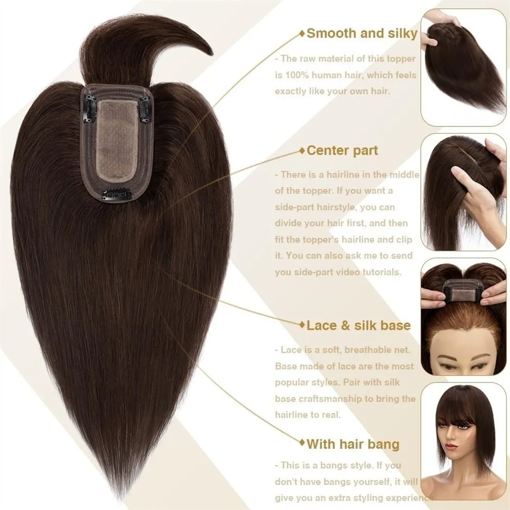 Toppers for Women Hair Toppers for Women 6"-18" Real Human Hair with Bangs, 7x12.5cm Silk Base Clip In Hair Extension 150% Densiny Indian Hair Straight Hair Pieces Hair Toppers(Wine Red,14inches)