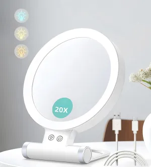 Travel Makeup Mirror with Lights & Magnifying 1x/20x Mirror, Double Side, Portable, USB Rechargeable, 3 Colors, 8.1"L x 7.3"W, White Frame