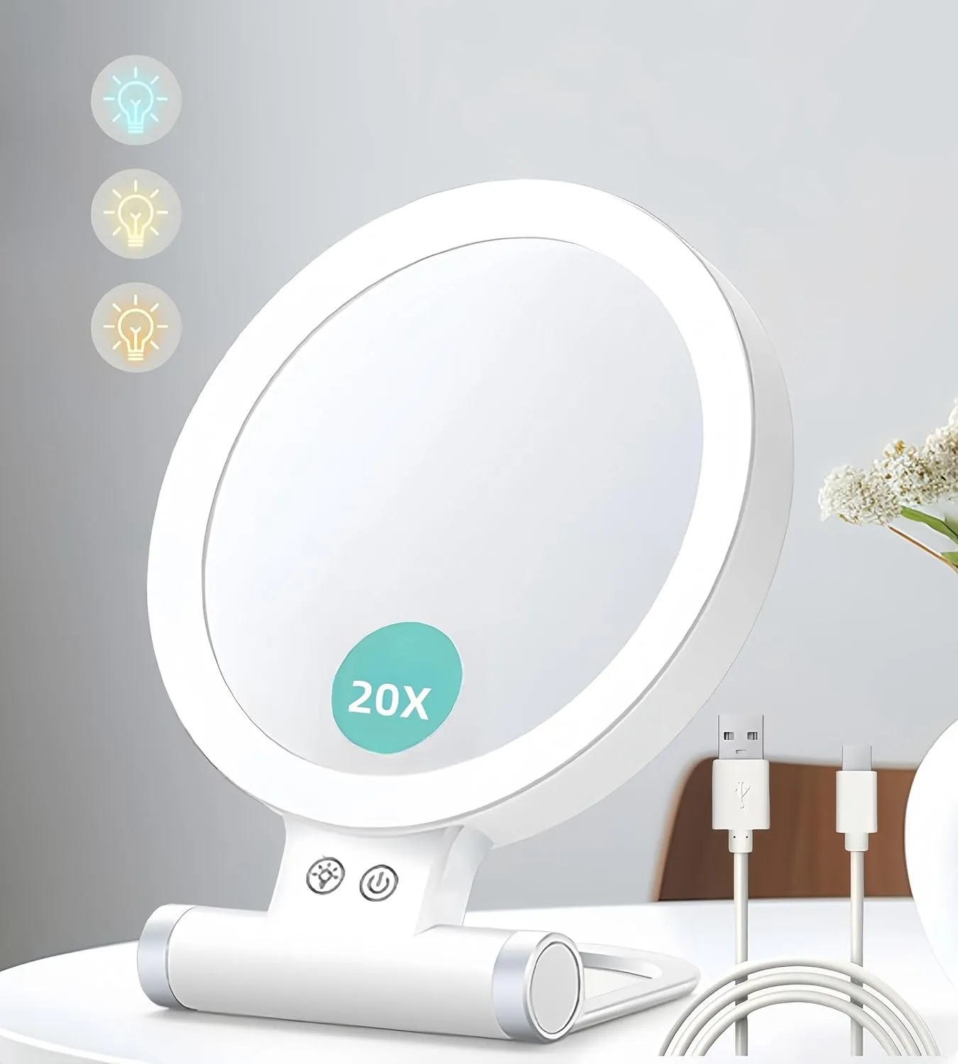 Travel Makeup Mirror with Lights & Magnifying 1x/20x Mirror, Double Side, Portable, USB Rechargeable, 3 Colors, 8.1"L x 7.3"W, White Frame