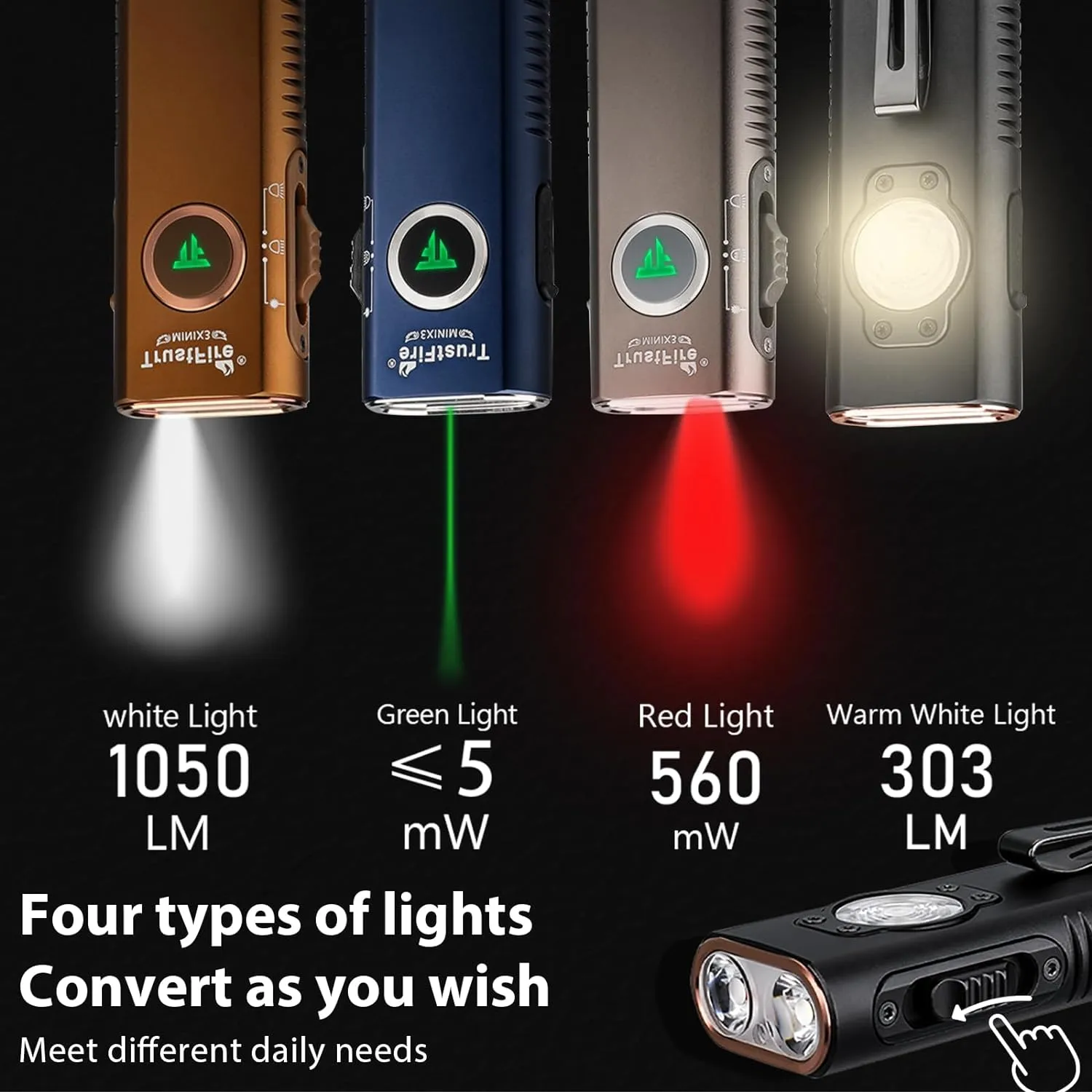 TrustFire Mini X3 Rechargeable EDC Flashlight with White Light, Flood Light, Red Light, Green Beam, 1050 Lumens Portable Flat Flashlights, Fourfold Light Sources Pocket Lights IPX6 (Gold)
