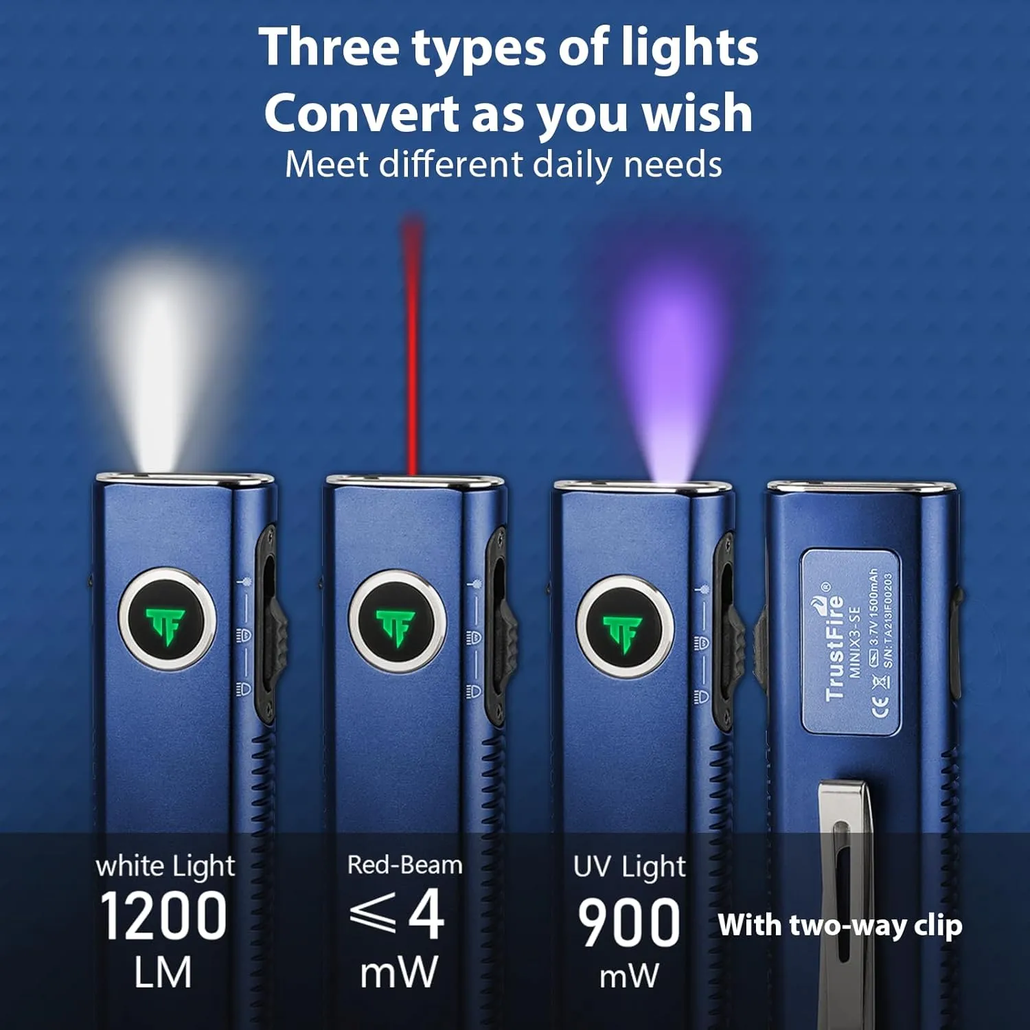 TrustFire Mini X3-SE Rechargeable Flat EDC Flashlight with White Light, UV Light and Red Beam, 1200 Lumens LED Flashlights Combo, Triple Light Sources Pocket Lights IPX6 for Emergency (Deep Blue)