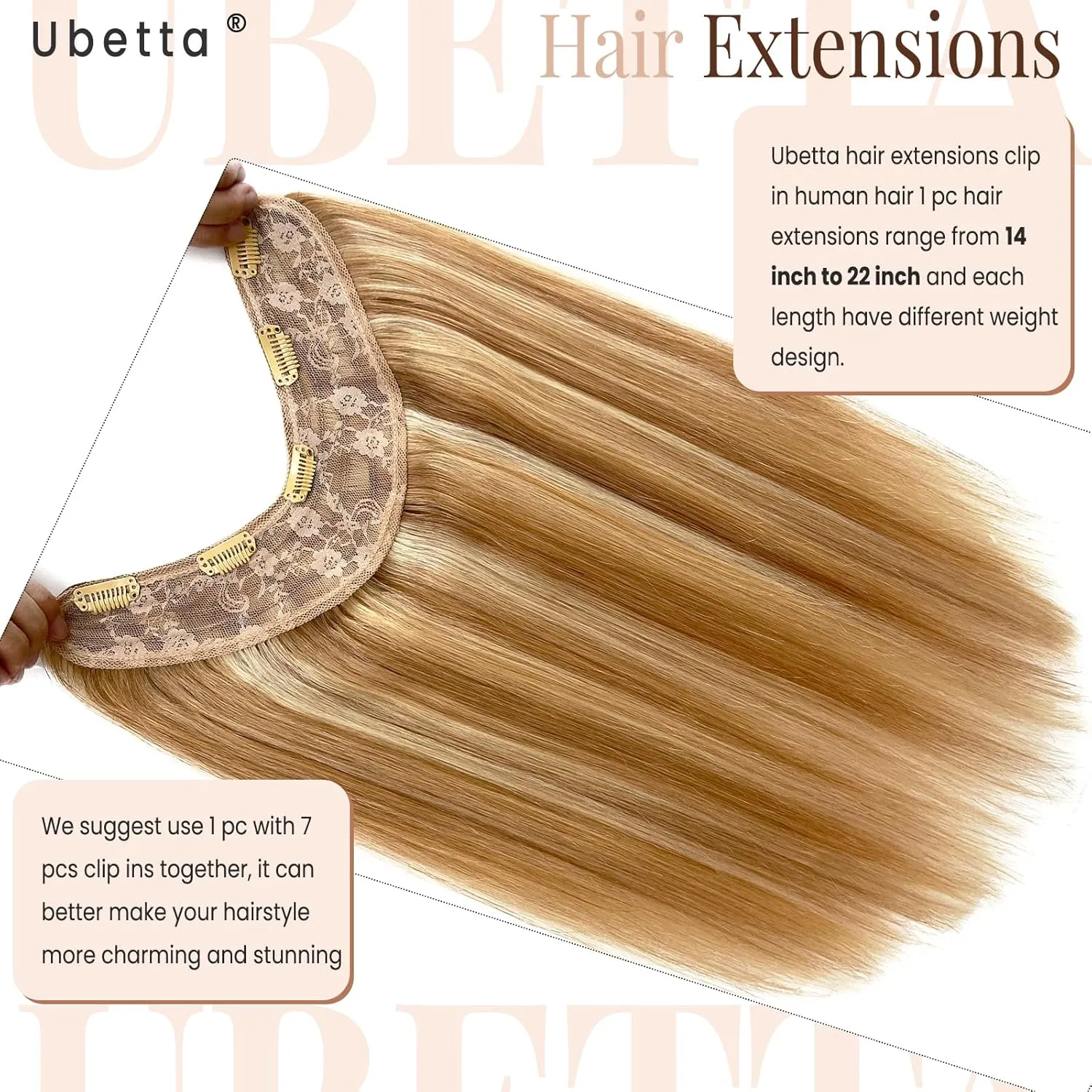 Ubetta Clip in Hair Extensions, 14 Inch Human Hair, Medium Auburn Brown Mixed Blonde, 1 Pcs Double Weft, Real Human Hair Clip ins