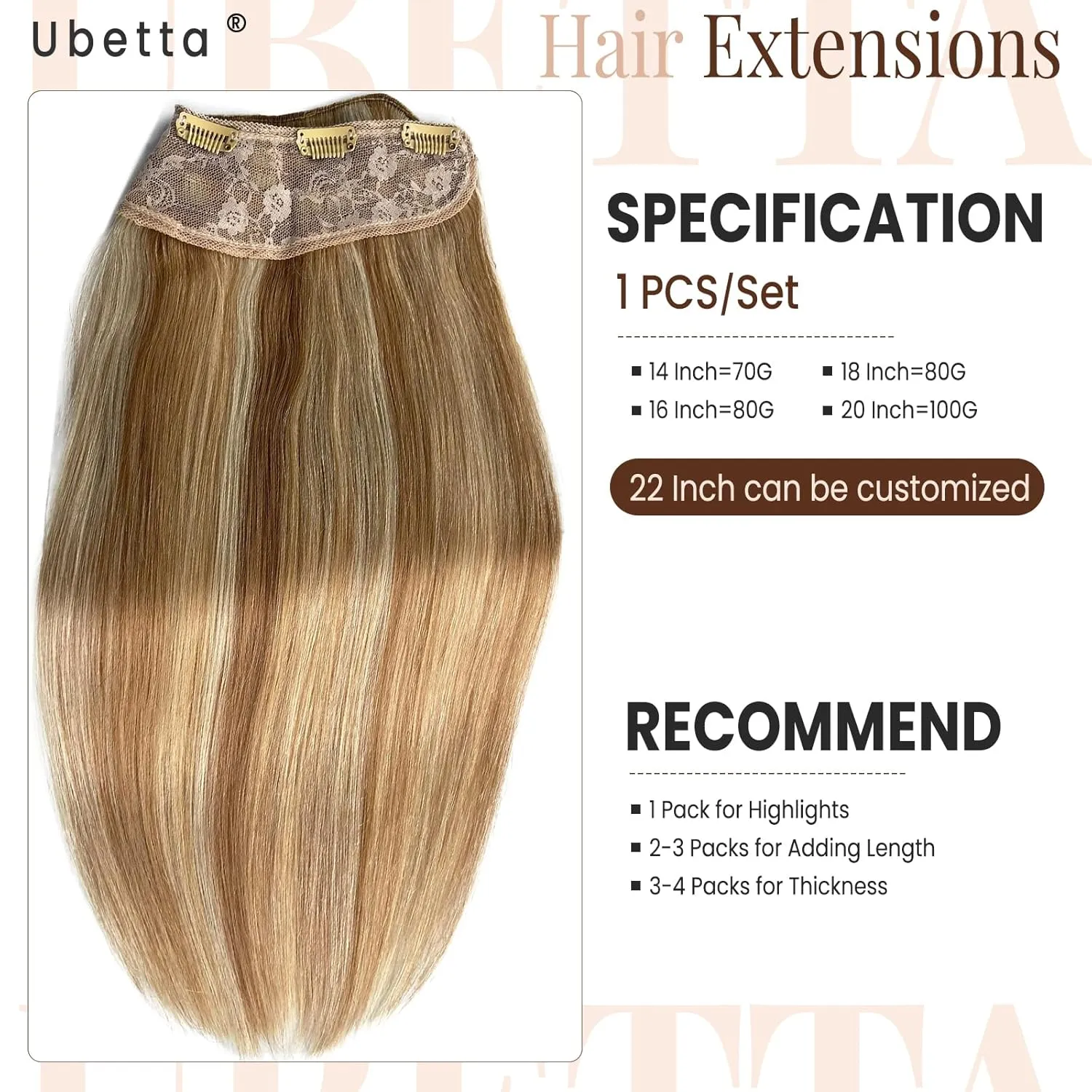 Ubetta Clip in Hair Extensions, 14 Inch Human Hair, Medium Auburn Brown Mixed Blonde, 1 Pcs Double Weft, Real Human Hair Clip ins