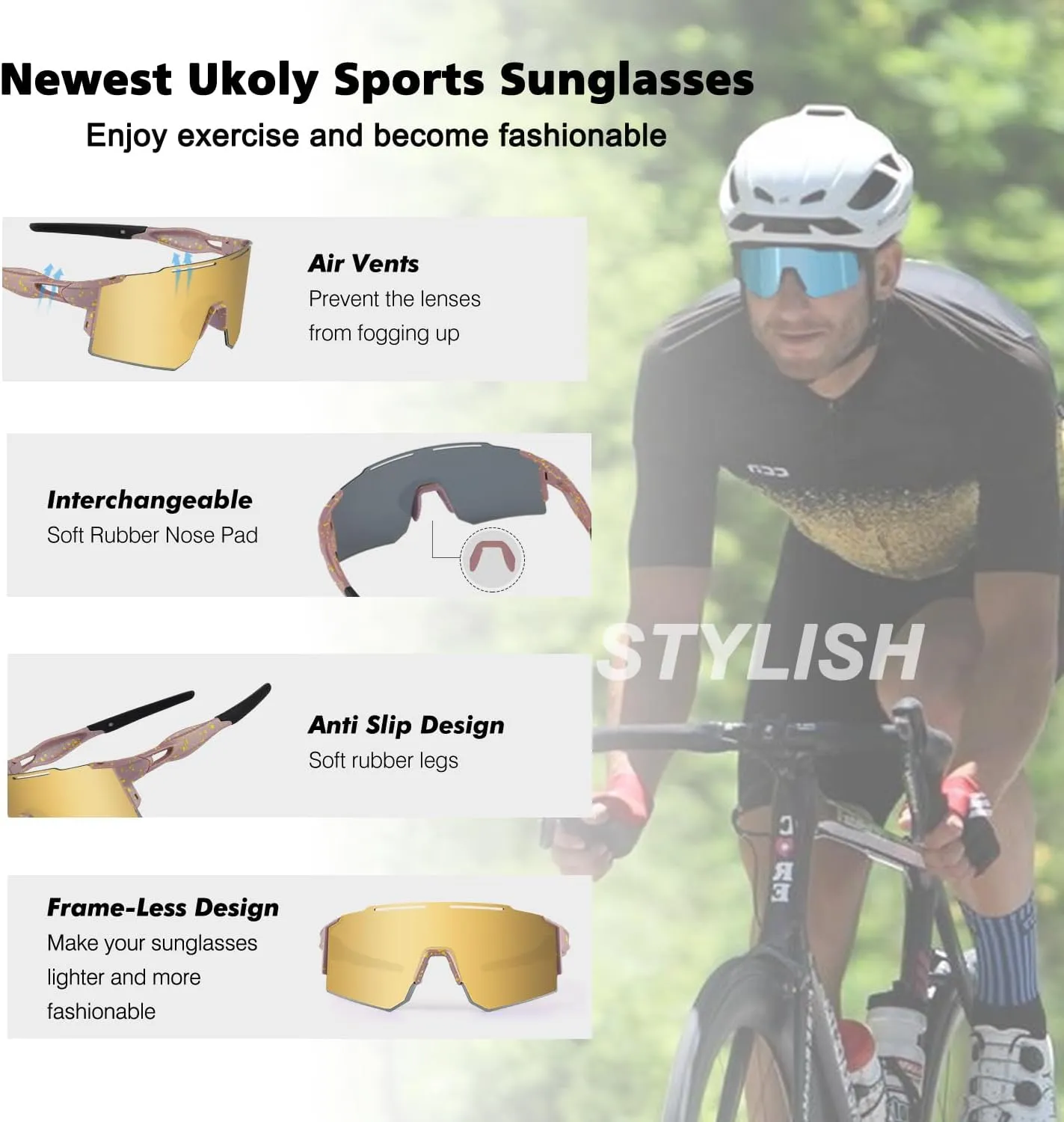 Ukoly Cycling Sunglasses for Men Women with 3 Interchangeable Lenses, Polarized Sports Sunglasses, Baseball Sunglasses