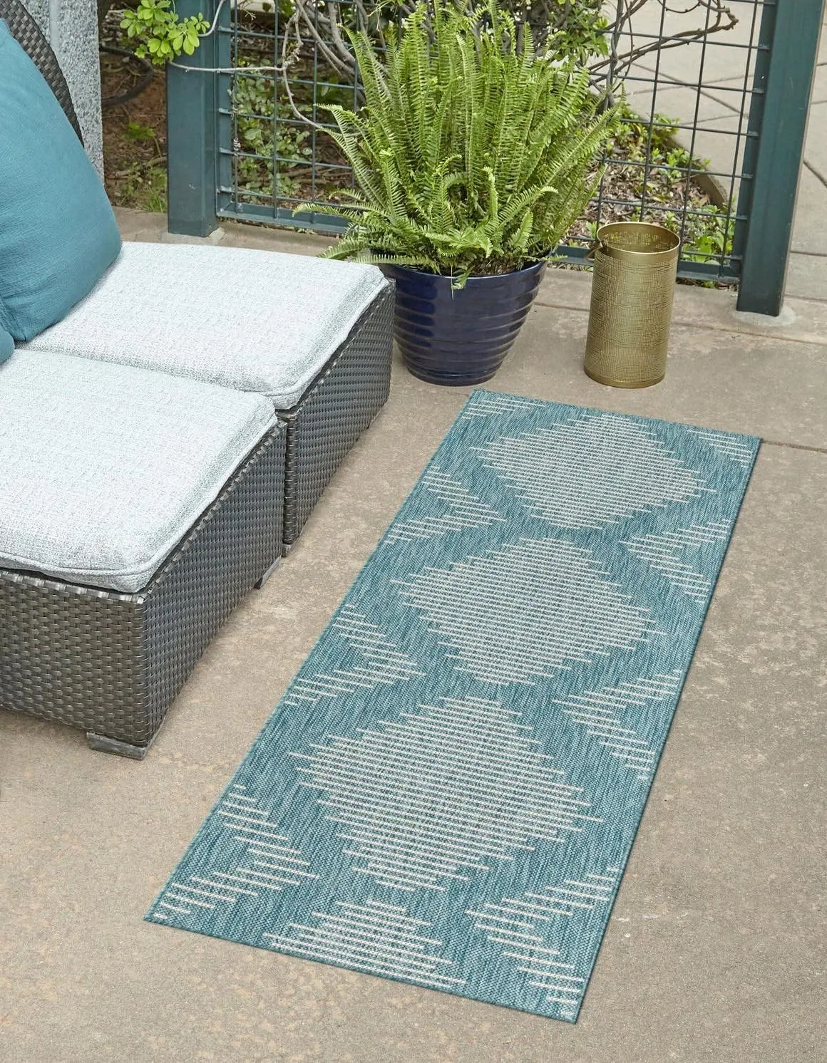 Unique Loom Outdoor Modern Collection Area Rug - Tambor (3' 3" x 12' Runner, Light Aqua/ Ivory)