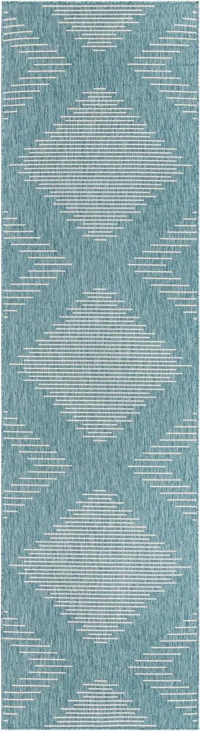 Unique Loom Outdoor Modern Collection Area Rug - Tambor (3' 3" x 12' Runner, Light Aqua/ Ivory)