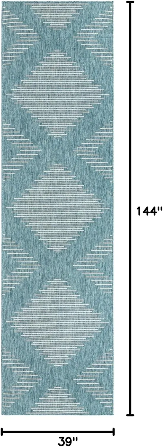 Unique Loom Outdoor Modern Collection Area Rug - Tambor (3' 3" x 12' Runner, Light Aqua/ Ivory)