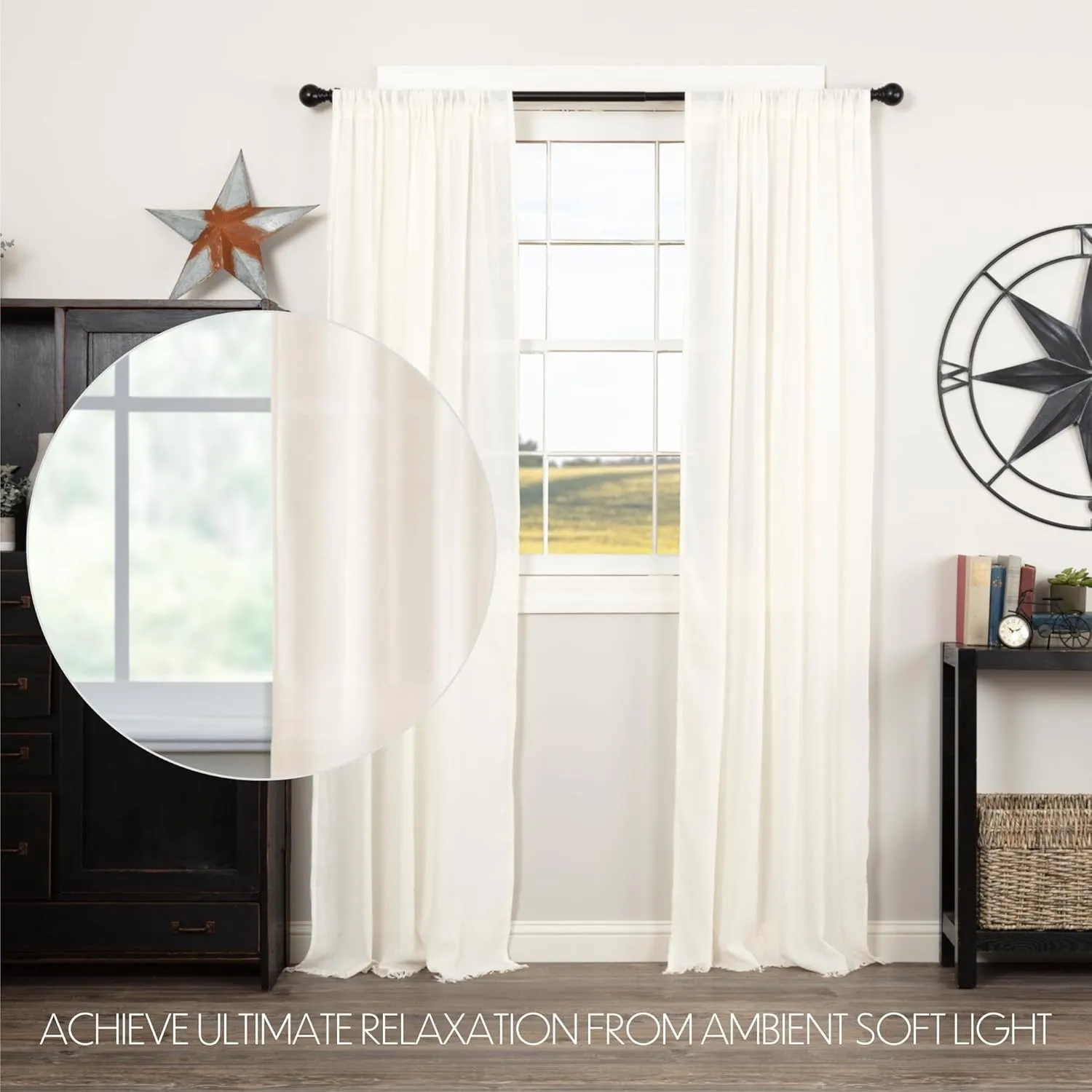 VHC Brands Tobacco Cloth Fringed Curtain Panels, Antique White, 84x40, Set of 2