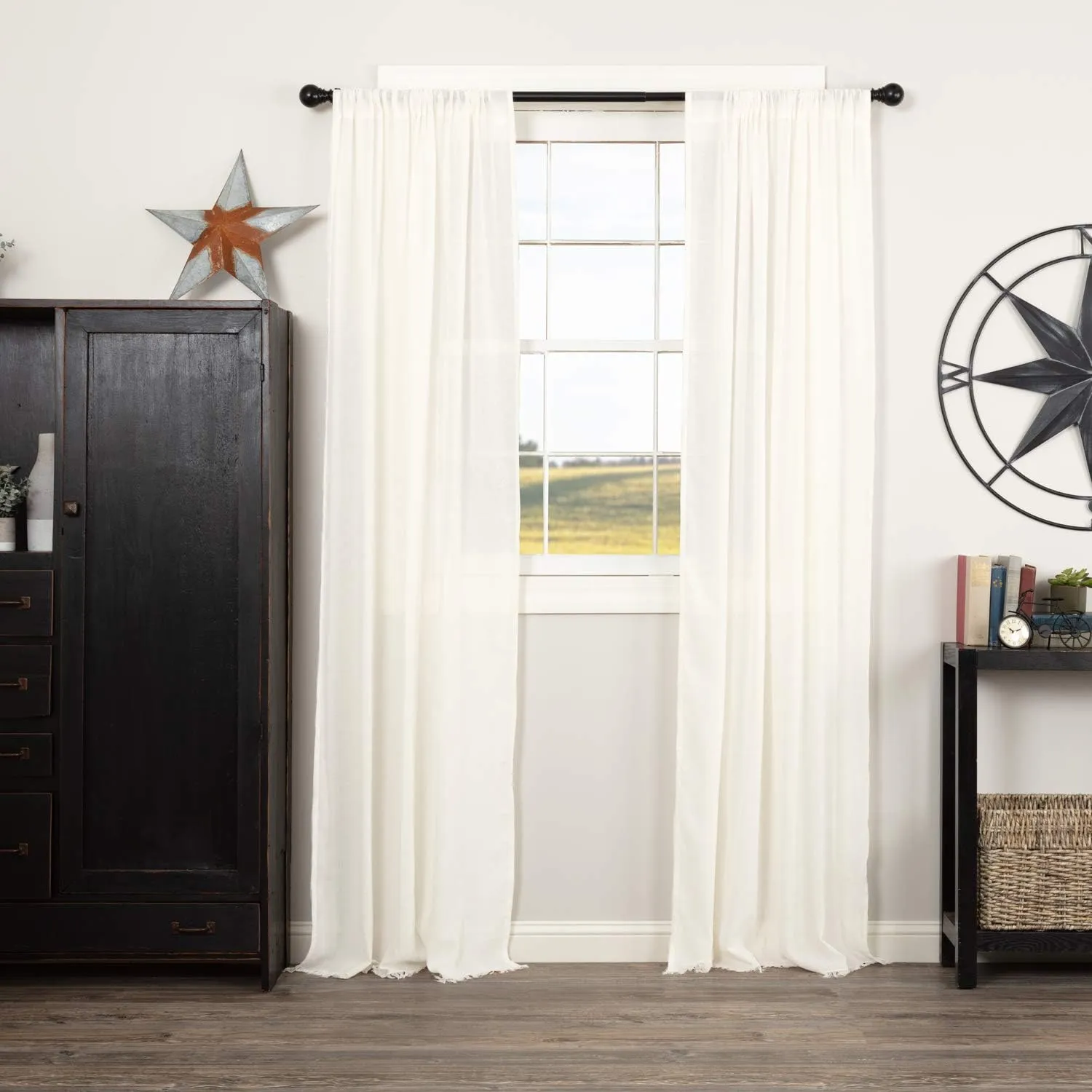 VHC Brands Tobacco Cloth Fringed Curtain Panels, Antique White, 84x40, Set of 2