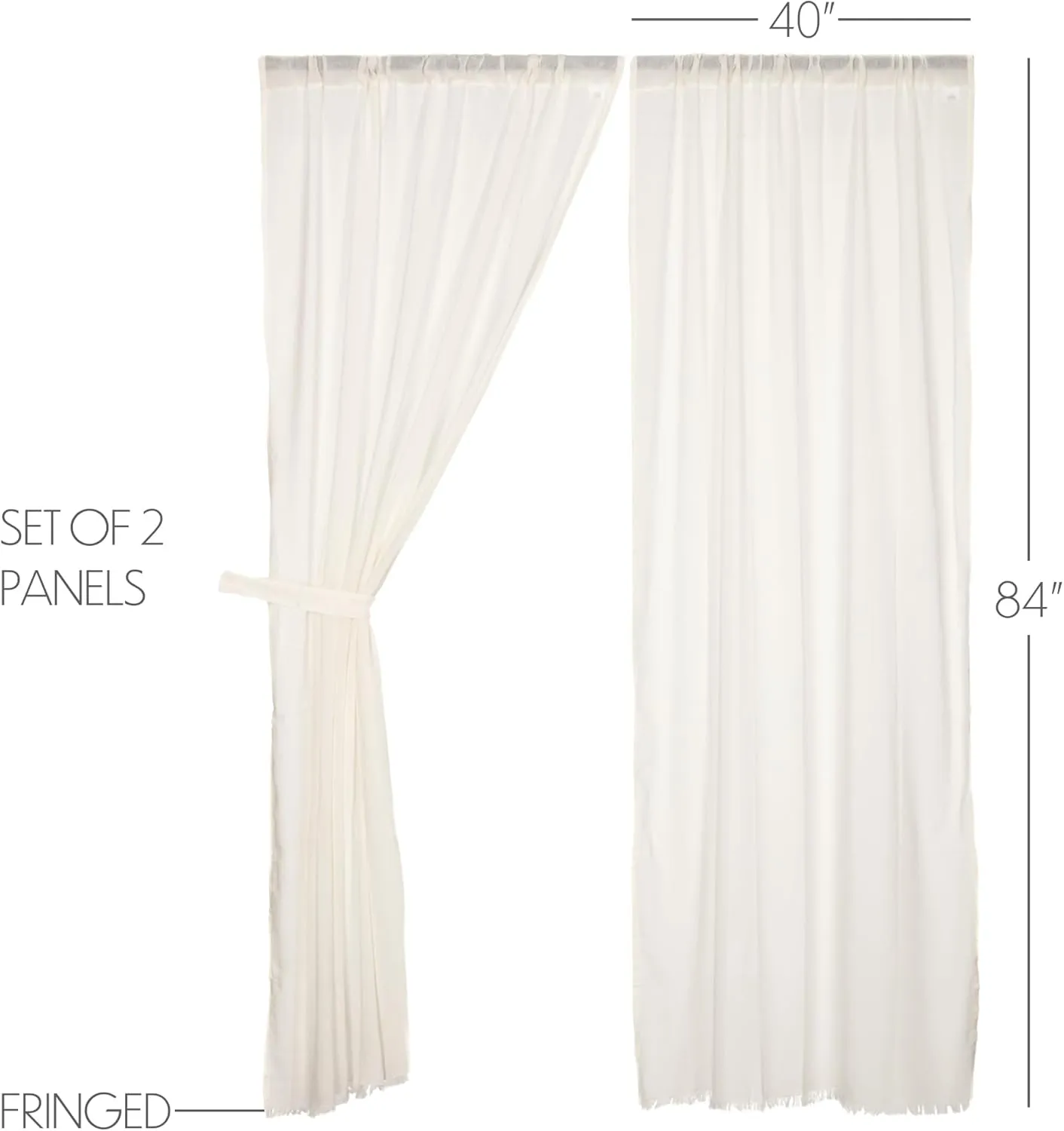 VHC Brands Tobacco Cloth Fringed Curtain Panels, Antique White, 84x40, Set of 2