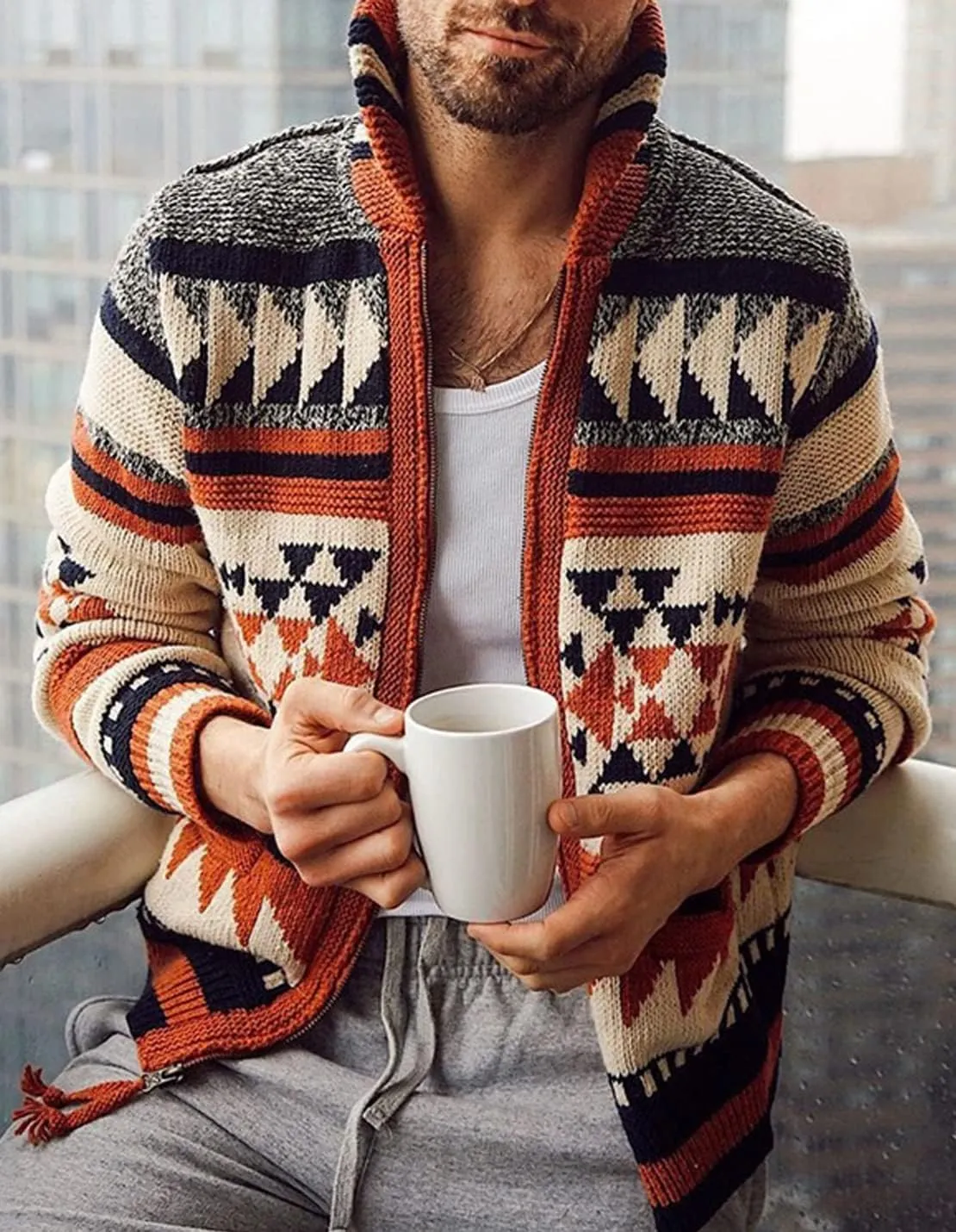 VIEWON Men's Casual Tribal Aztec Print Western Ethnic Vintage Lapel Knitted Warm Long Sleeve Cardigan Sweater Jacket Coat