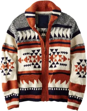 VIEWON Men's Casual Tribal Aztec Print Western Ethnic Vintage Lapel Knitted Warm Long Sleeve Cardigan Sweater Jacket Coat