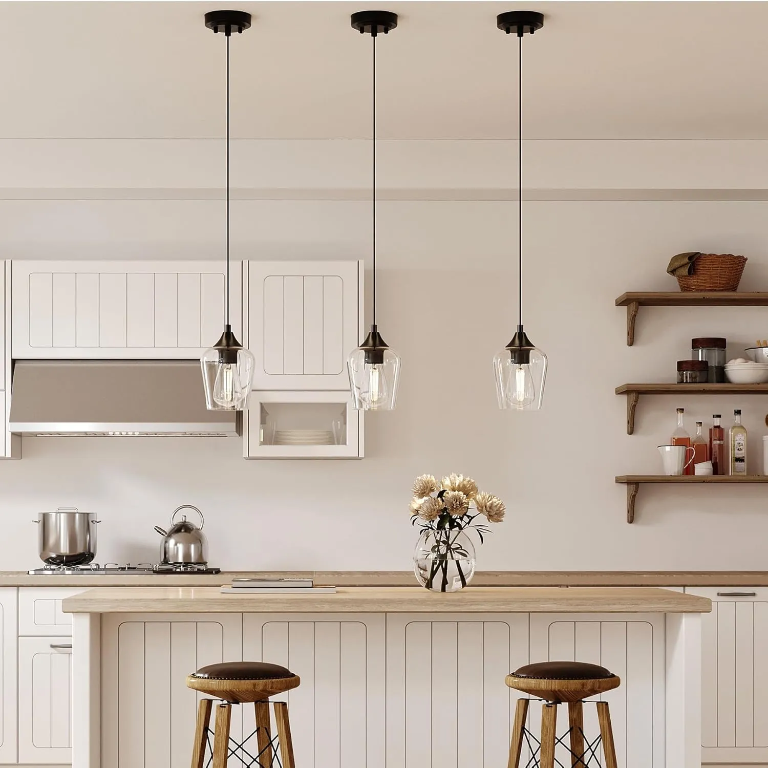 VONLUCE Pendant Lights Kitchen Island, Matte Black Pendant Light Fixtures with E26 Base & Adjustable Cable, Modern Pendant Lighting with Glass Shade for Living Room Bedroom Hallway, 3 Packs