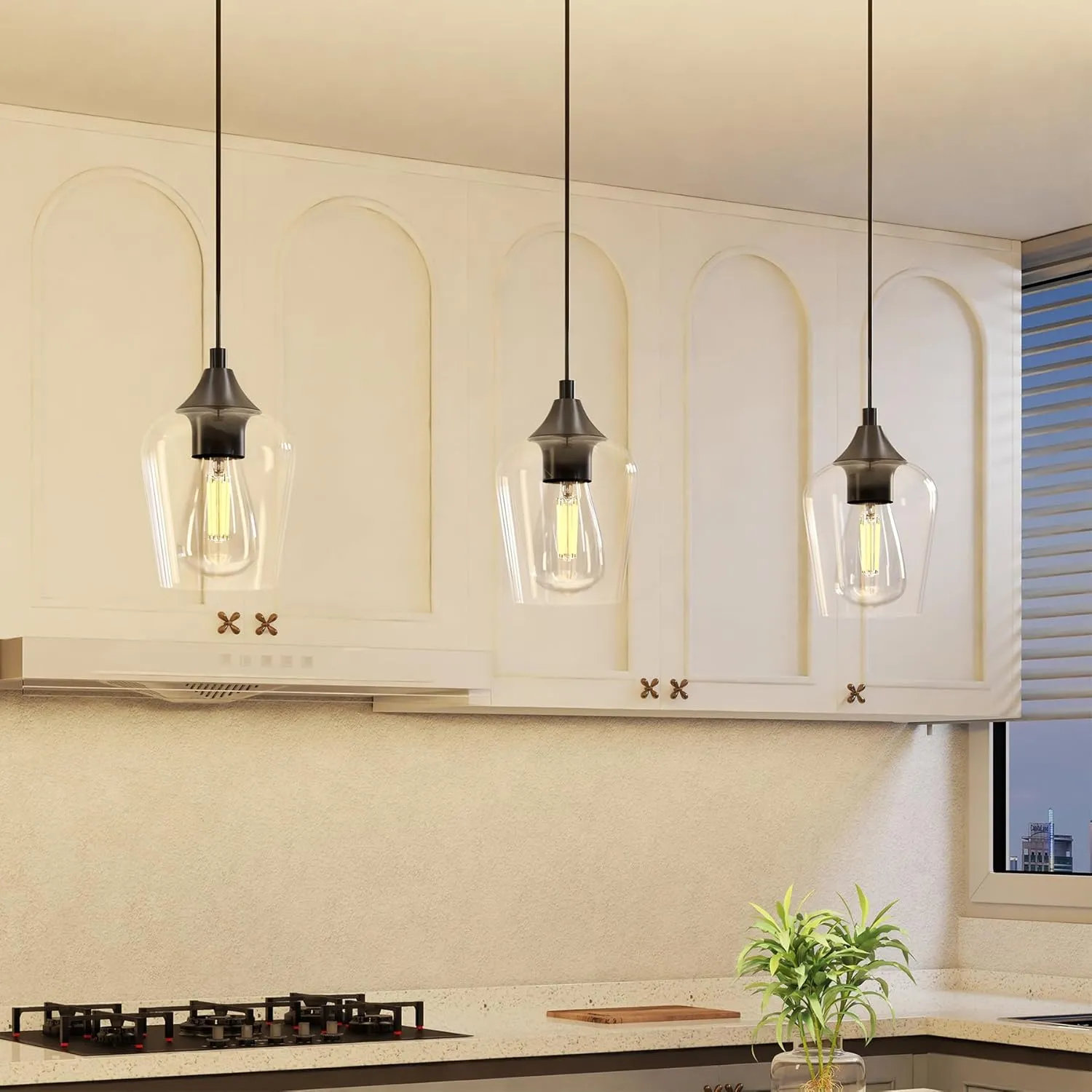 VONLUCE Pendant Lights Kitchen Island, Matte Black Pendant Light Fixtures with E26 Base & Adjustable Cable, Modern Pendant Lighting with Glass Shade for Living Room Bedroom Hallway, 3 Packs