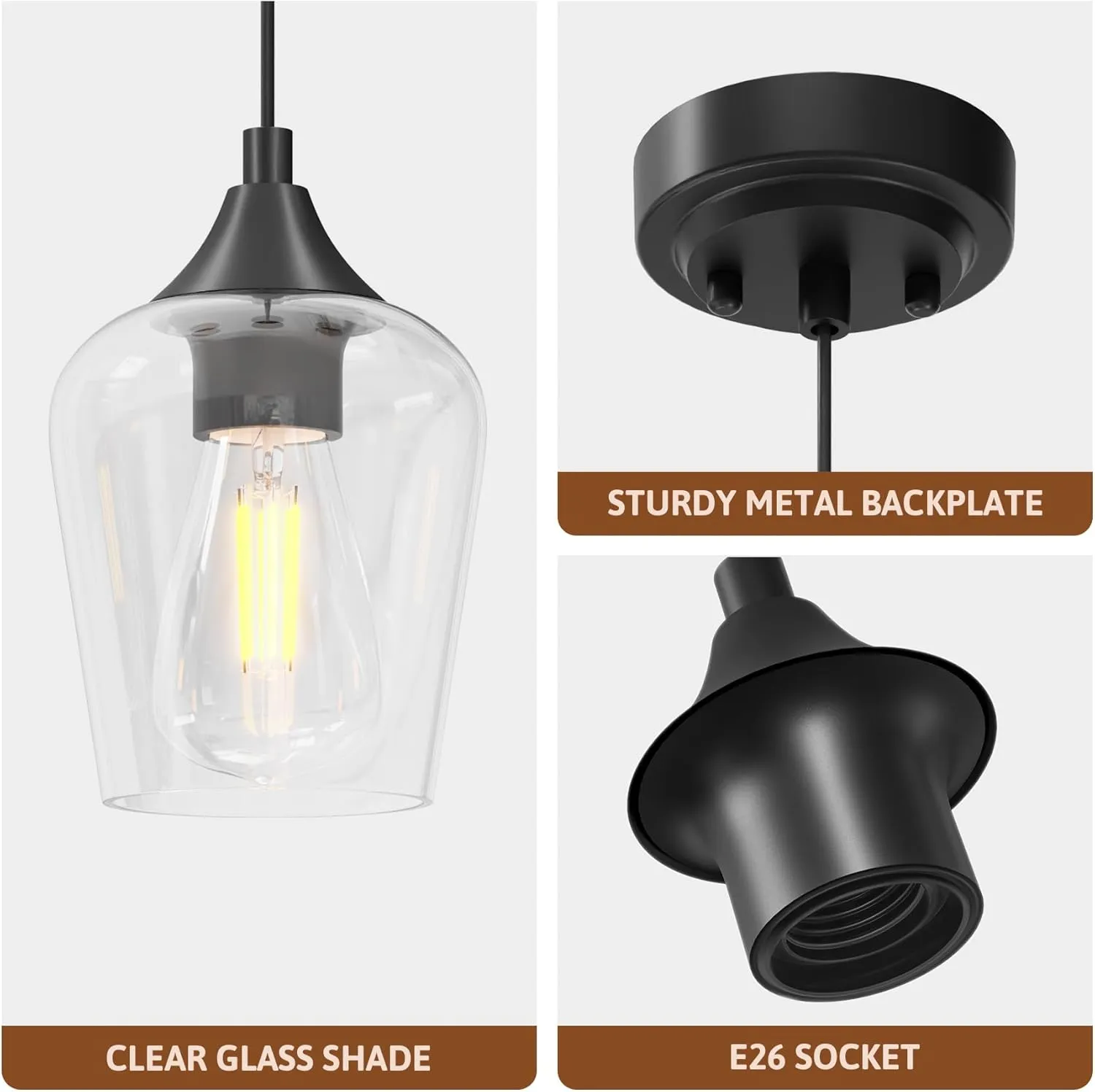 VONLUCE Pendant Lights Kitchen Island, Matte Black Pendant Light Fixtures with E26 Base & Adjustable Cable, Modern Pendant Lighting with Glass Shade for Living Room Bedroom Hallway, 3 Packs