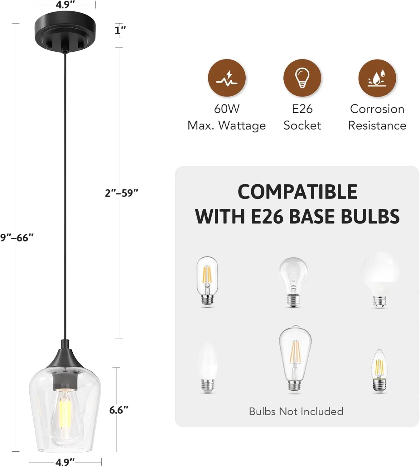 VONLUCE Pendant Lights Kitchen Island, Matte Black Pendant Light Fixtures with E26 Base & Adjustable Cable, Modern Pendant Lighting with Glass Shade for Living Room Bedroom Hallway, 3 Packs
