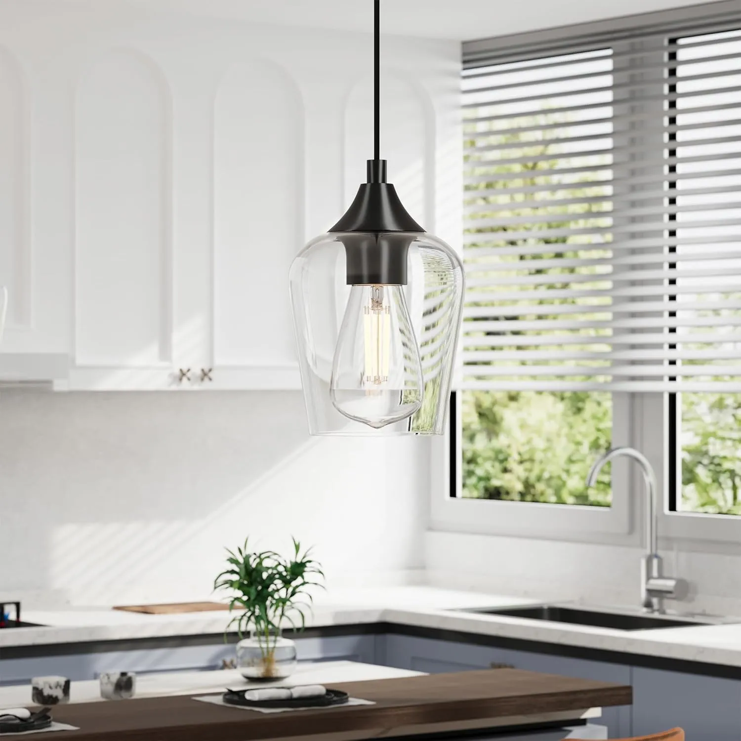 VONLUCE Pendant Lights Kitchen Island, Matte Black Pendant Light Fixtures with E26 Base & Adjustable Cable, Modern Pendant Lighting with Glass Shade for Living Room Bedroom Hallway, 3 Packs