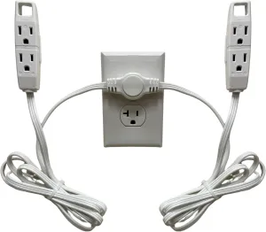 W4W Twin Extension Cord Power Strip - 3 Prong - 12 Foot Cord - 6 feet on Each Side - Flat Head (Wall Hugger) Outlet Plug - 6 Polarized Outlets