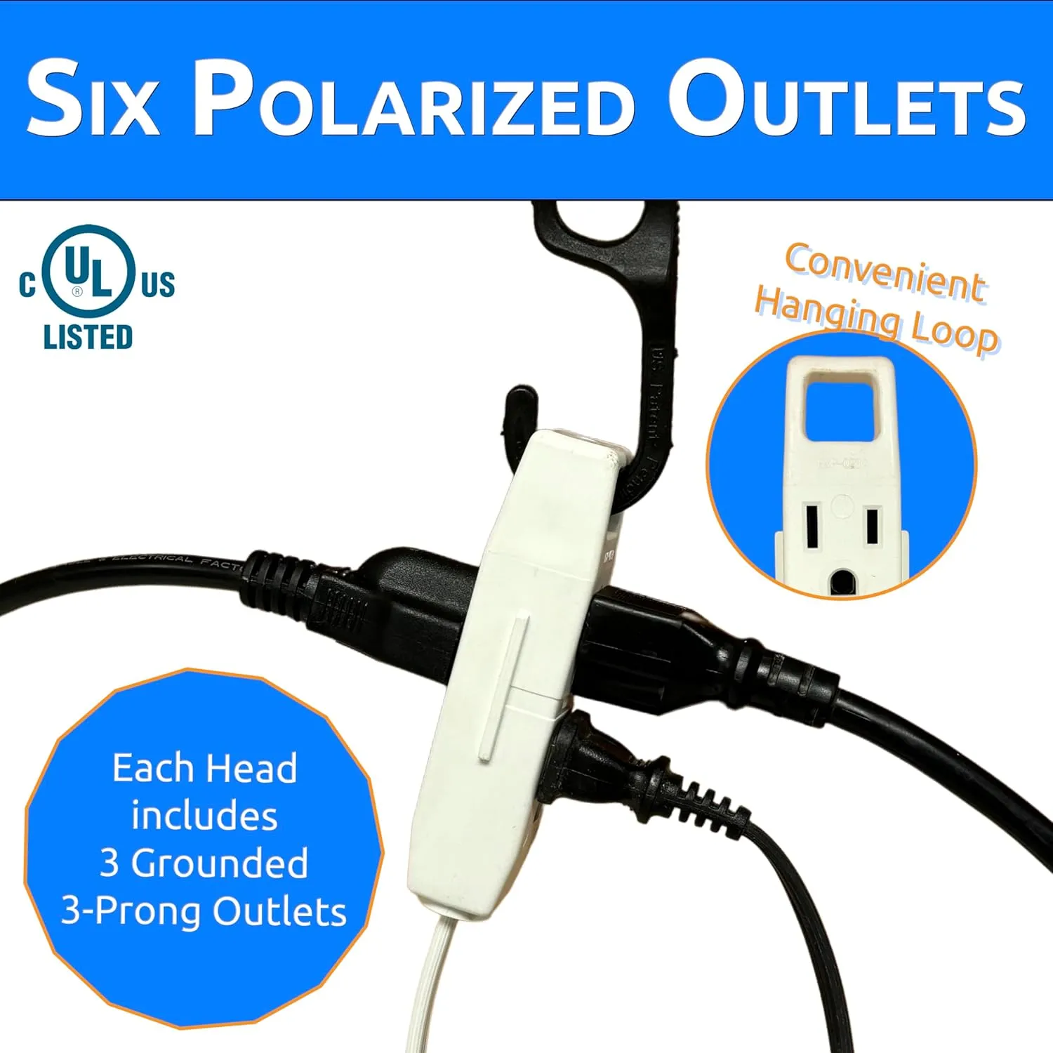 W4W Twin Extension Cord Power Strip - 3 Prong - 12 Foot Cord - 6 feet on Each Side - Flat Head (Wall Hugger) Outlet Plug - 6 Polarized Outlets