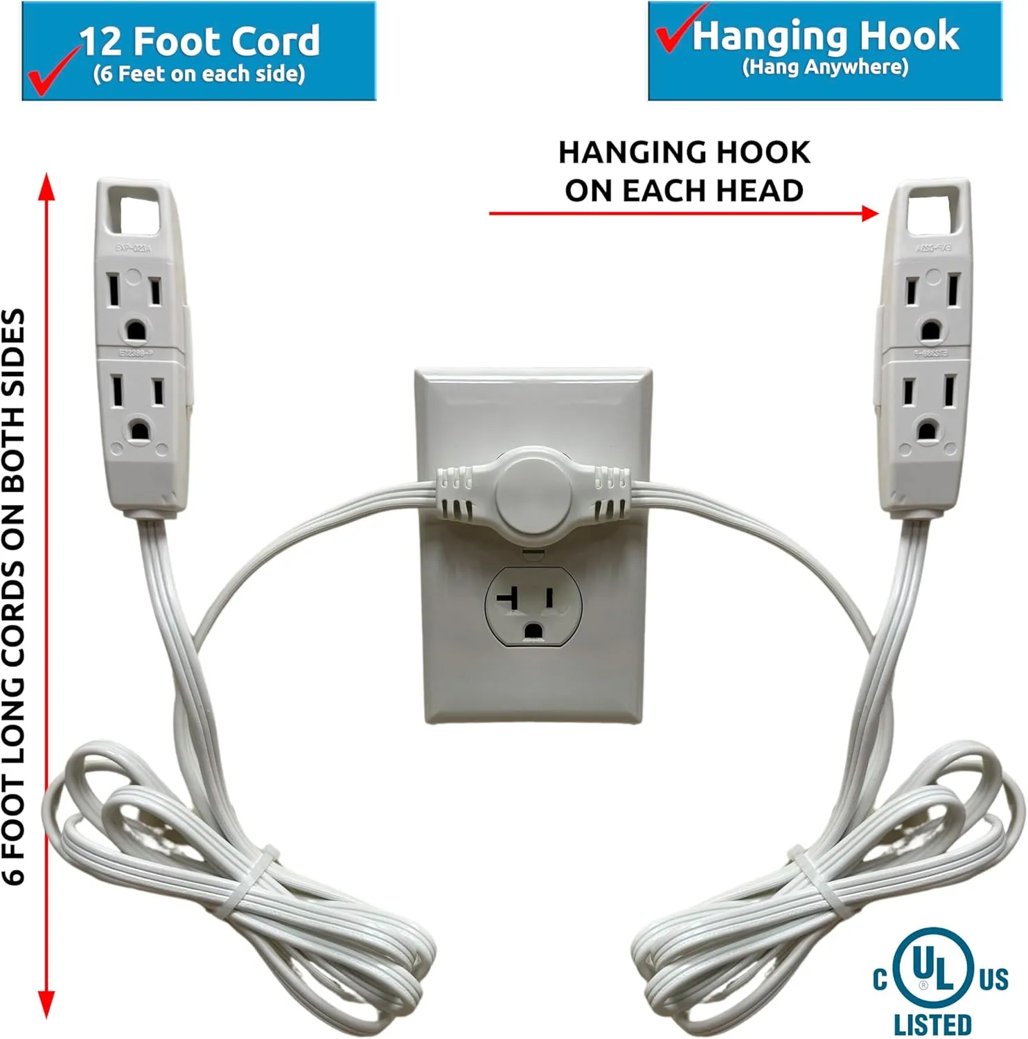 W4W Twin Extension Cord Power Strip - 3 Prong - 12 Foot Cord - 6 feet on Each Side - Flat Head (Wall Hugger) Outlet Plug - 6 Polarized Outlets