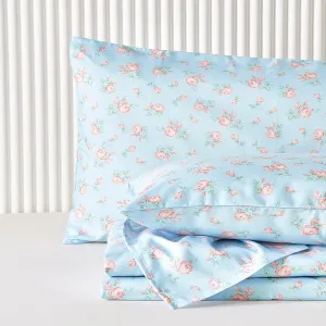 Wake In Cloud - Shabby Chic Bed Sheets, 4-Piece Sheet Set, Floral Flower Rose Pattern Printed Coquette Cottagecore Vintage Aesthetic Bedding, Deep Pocket, Blue Pink, Queen Size