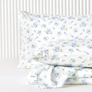 Wake In Cloud - Shabby Chic Bed Sheets, 4-Piece Sheet Set, Floral Flower Rose Pattern Printed Coquette Cottagecore Vintage Aesthetic Bedding, Deep Pocket, White Blue, Queen Size