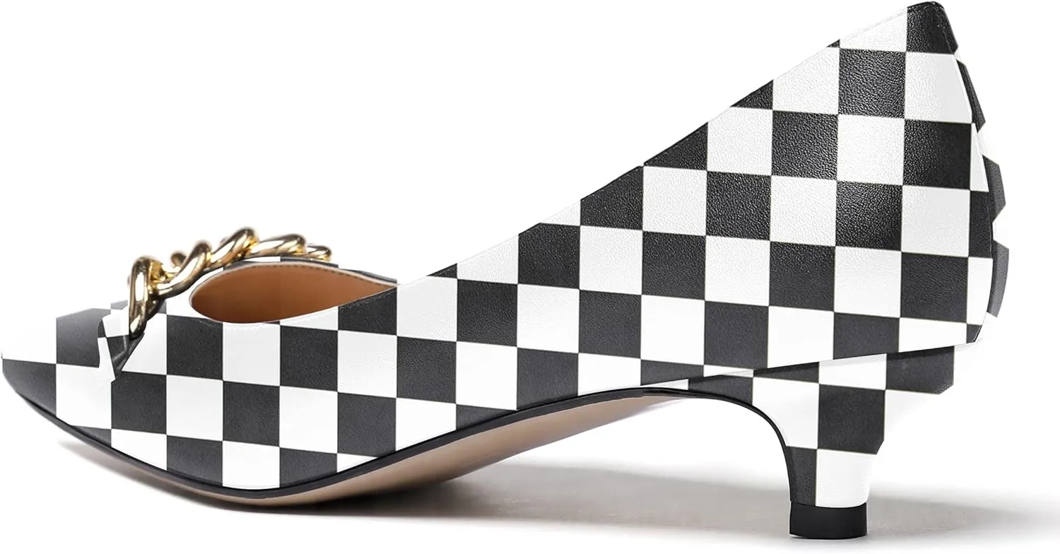 WAYDERNS Women's Pointed Toe Slip On Metal Chain Matte Kitten Low Heel Pumps Shoes 1.5 Inch
