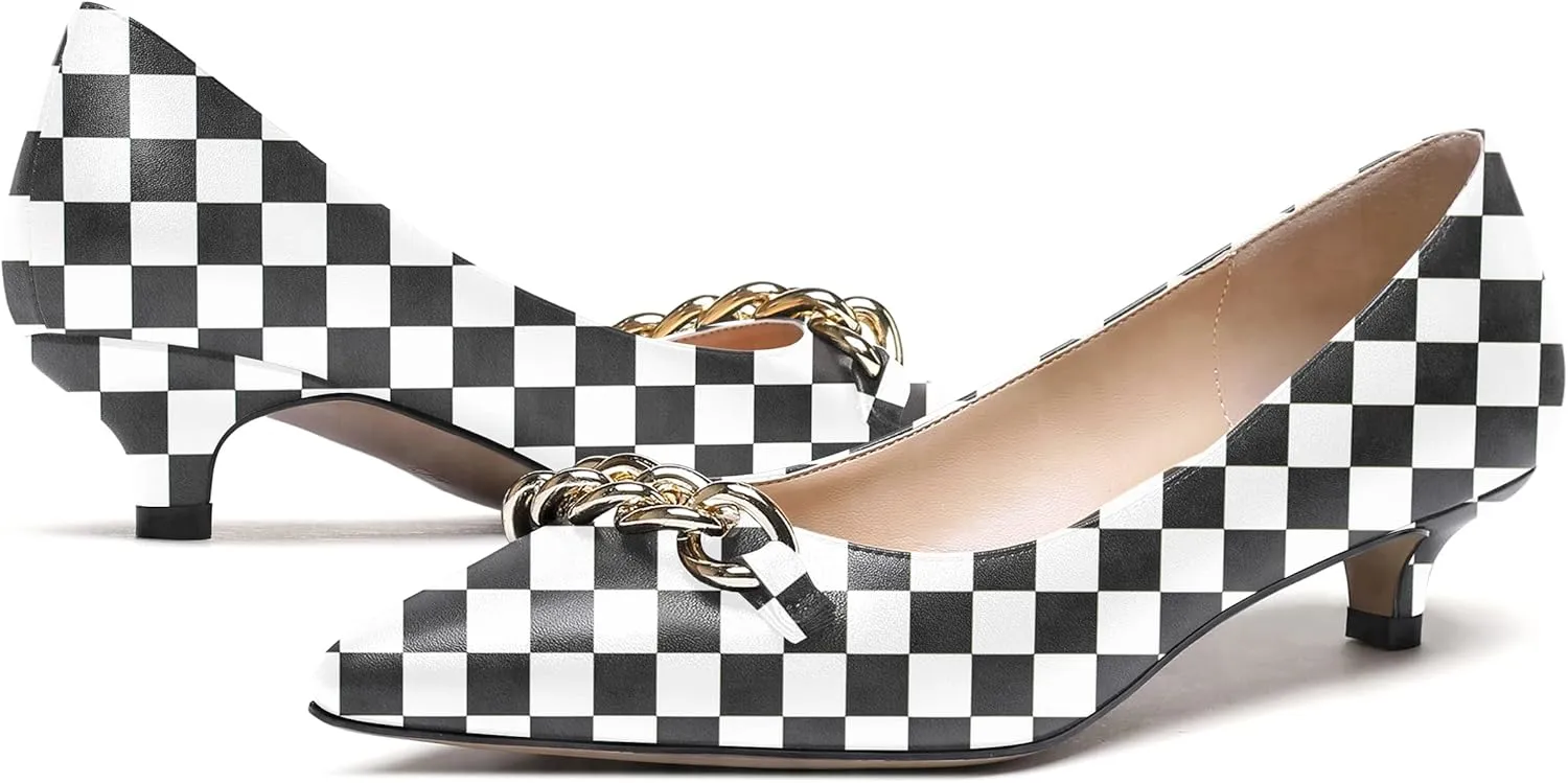 WAYDERNS Women's Pointed Toe Slip On Metal Chain Matte Kitten Low Heel Pumps Shoes 1.5 Inch