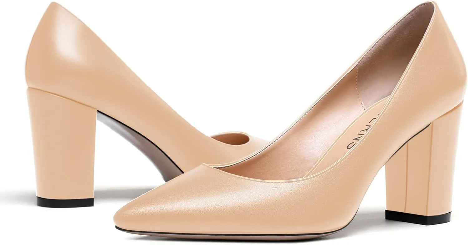WAYDERNS Women's Slip On Matte Pointed Toe Block High Heel Pumps Shoes 3.5 Inch
