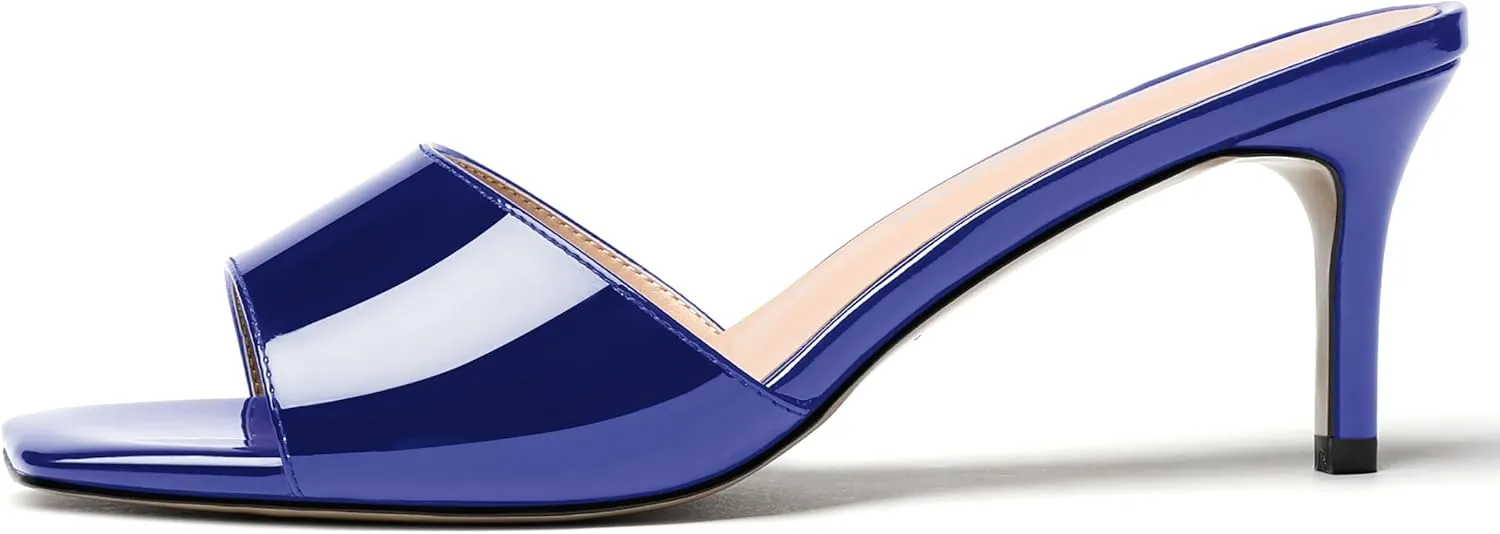 WAYDERNS Womens Square Toe Slip On Solid Evening Patent Dress Kitten Mid Heel Slippers 2.5 Inch