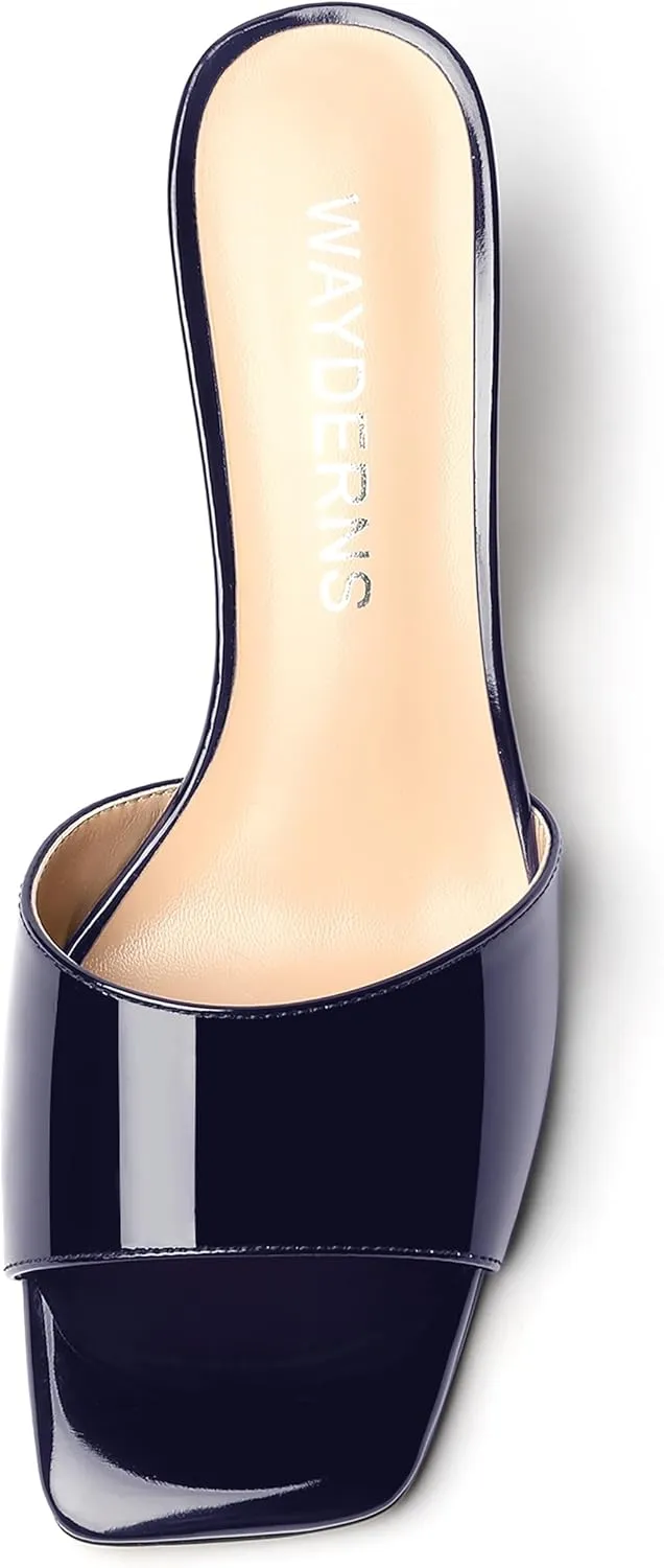 WAYDERNS Womens Square Toe Slip On Solid Evening Patent Dress Kitten Mid Heel Slippers 2.5 Inch