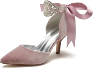 Wedding Bridal Pointed Toe Womens High Heel Shoes Ankle Buckle Pumps Rhinestones Heeled Bowknot Court Sandals Evening Party Dress,Pink,7