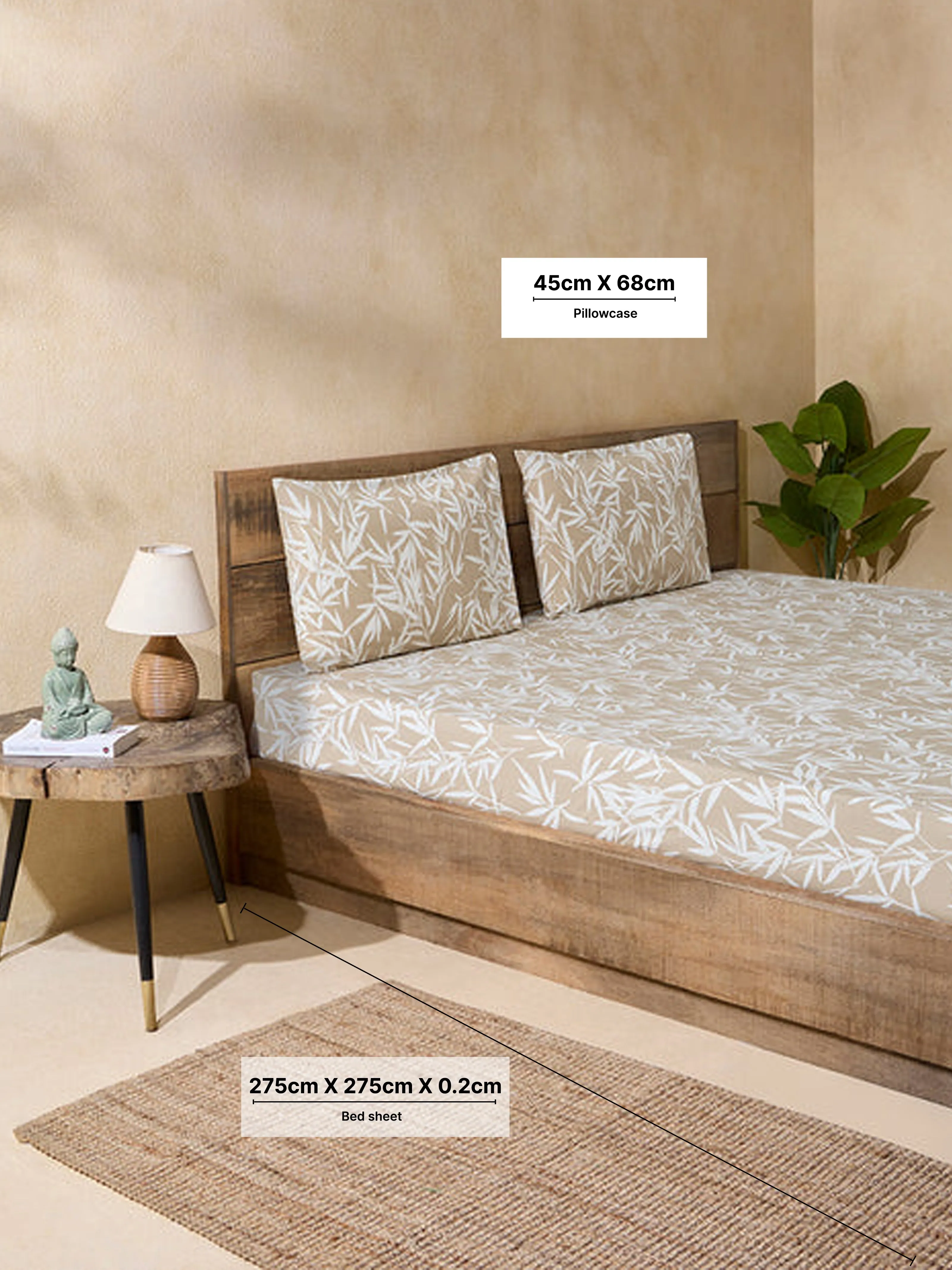 Westside Home Beige Leaf Design King Bed Flat Sheet and Pillowcase Set