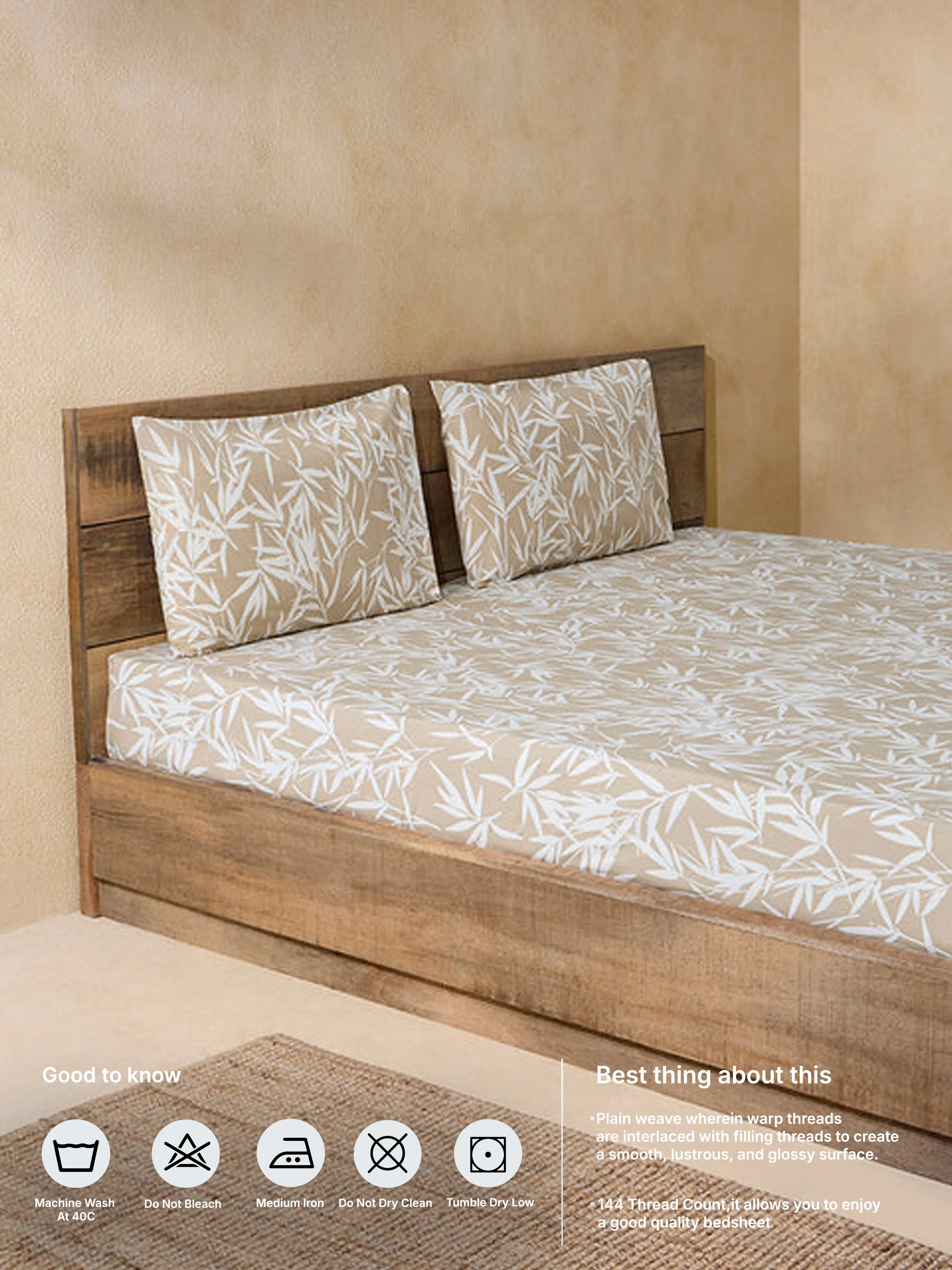 Westside Home Beige Leaf Design King Bed Flat Sheet and Pillowcase Set