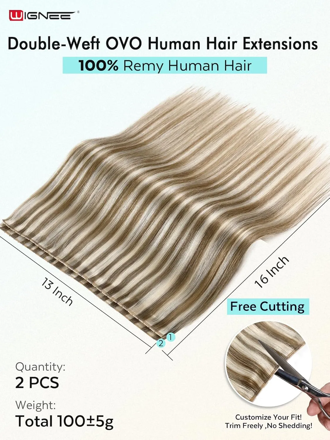 WIGNEE Double Invisible PU OVO Human Hair Extensions 100% Remy Hair Weft Black Hair Extensions Human Hair 2 PCS 16 Inch No Glue Genius Weft Micro Bead Real Human Hair Extensions (9A/60)