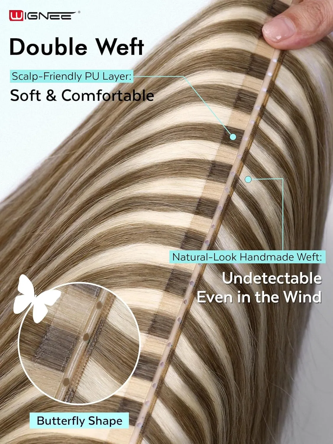 WIGNEE Double Invisible PU OVO Human Hair Extensions 100% Remy Hair Weft Black Hair Extensions Human Hair 2 PCS 16 Inch No Glue Genius Weft Micro Bead Real Human Hair Extensions (9A/60)