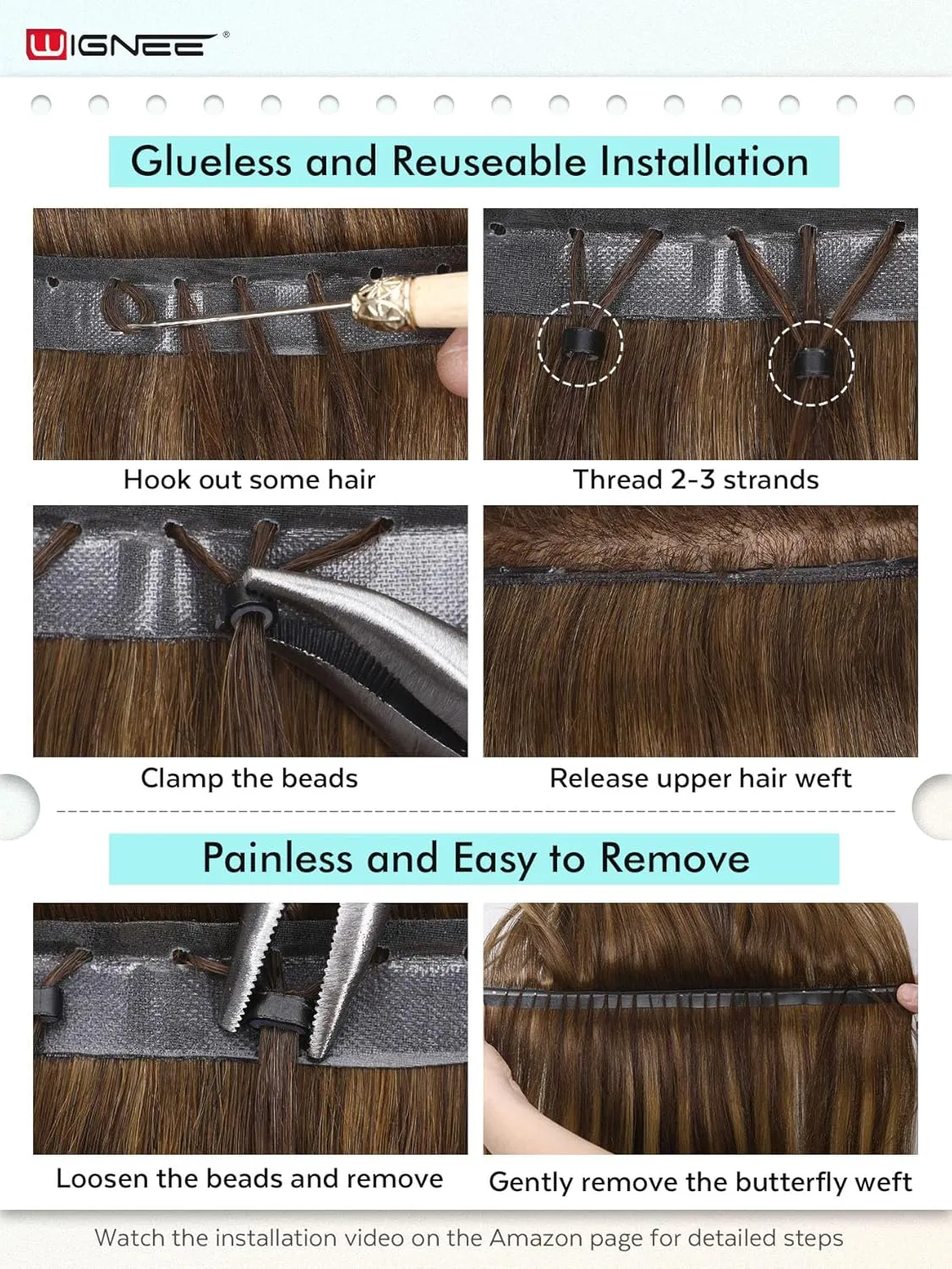WIGNEE Double Invisible PU OVO Human Hair Extensions 100% Remy Hair Weft Black Hair Extensions Human Hair 2 PCS 16 Inch No Glue Genius Weft Micro Bead Real Human Hair Extensions (9A/60)