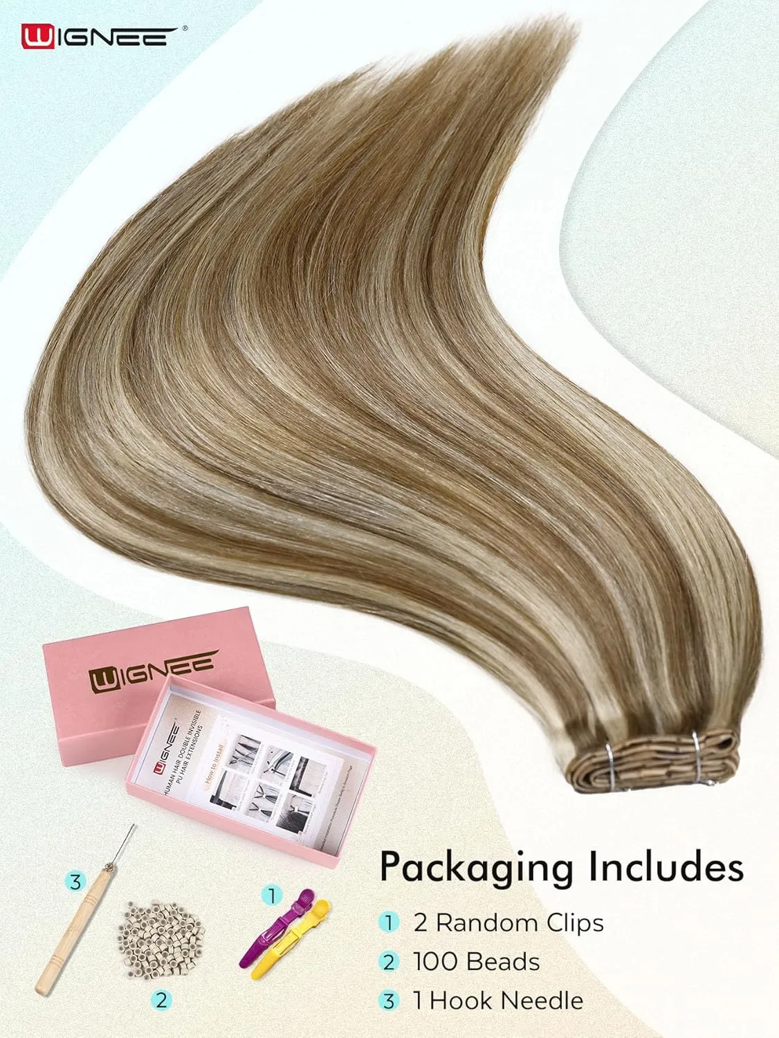 WIGNEE Double Invisible PU OVO Human Hair Extensions 100% Remy Hair Weft Black Hair Extensions Human Hair 2 PCS 16 Inch No Glue Genius Weft Micro Bead Real Human Hair Extensions (9A/60)