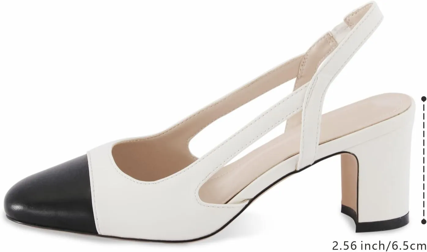 Women 2.6 Inches Chunky Slingback Heels Block Kitten Heel Pointed Toe Slip-On Pumps Casual Wedding Banquet Dress Shoes