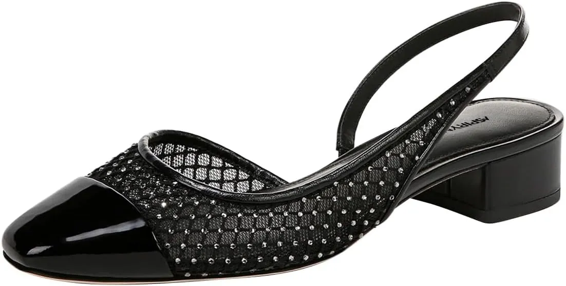 Women Closed Square Cap Toe Slingback Pumps Slip on Chunky Block Low Heels Stylish Dating Party Dress Shoes Size 4-16 US