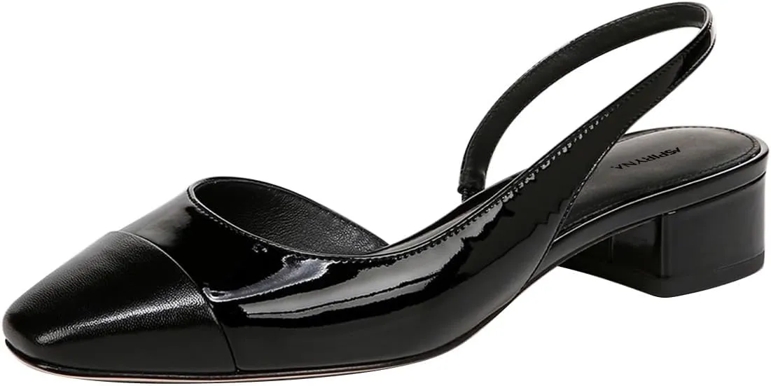 Women Closed Square Cap Toe Slingback Pumps Slip on Chunky Block Low Heels Stylish Dating Party Dress Shoes Size 4-16 US