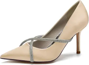 Women Pointed Toe Pumps Shoes Heel Wedding Bridal Shoes Crisscross Dress Party Rhinestone Shoes