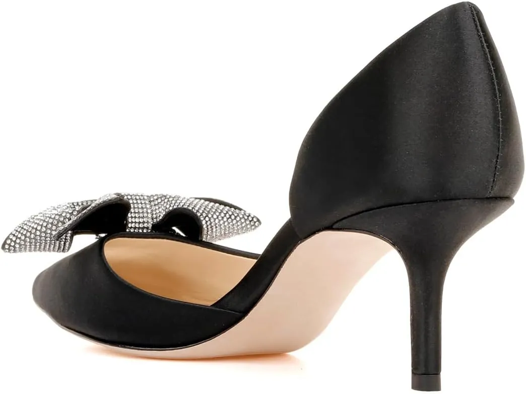 Women Stylish Rhinestone Bows Slip On Half D'Orsay Pumps Pointed Toe Mid Slim Heels Wedding Party Shoes Size 4-16 US