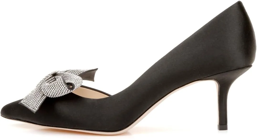 Women Stylish Rhinestone Bows Slip On Half D'Orsay Pumps Pointed Toe Mid Slim Heels Wedding Party Shoes Size 4-16 US