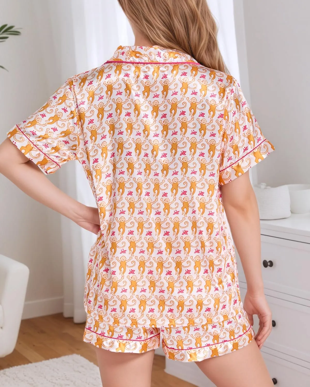 Women Y2k Pajamas Set Silk Satin Short Sleeve Button Down Top and Shorts Monkey Sleepwear Preppy Bridal Loungewear